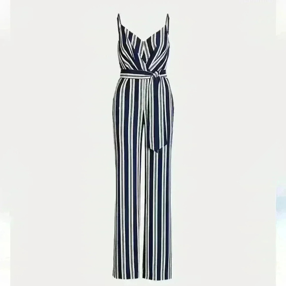BRAND NEW!!! Womens jumpsuit navy and white stripes size large runs MEDIUM - Picture 3 of 9